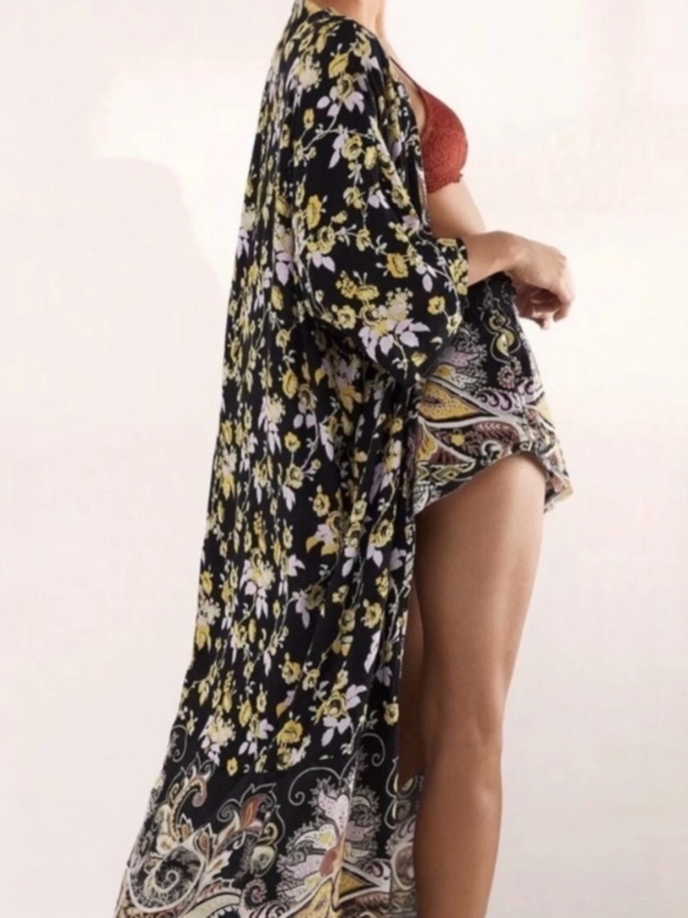 Free People Bali Pixie Lounge Kimono Robe XS Black Yellow Floral Boho Fairy